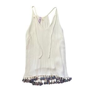 ALYA White Cotton Gauze Sleeveless Top Boho Multicolor Fringe Trim Sz S‎
